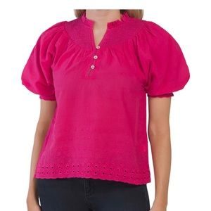NWT House of Harlow 1960 Puff Sleeve Eyelet Embroidered Scalloped Pink Top